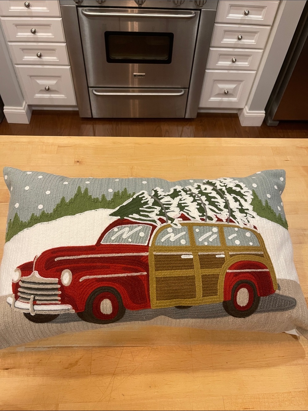 Pottery Barn Red Woodie Car with Green Tree Holiday Throw Pillow